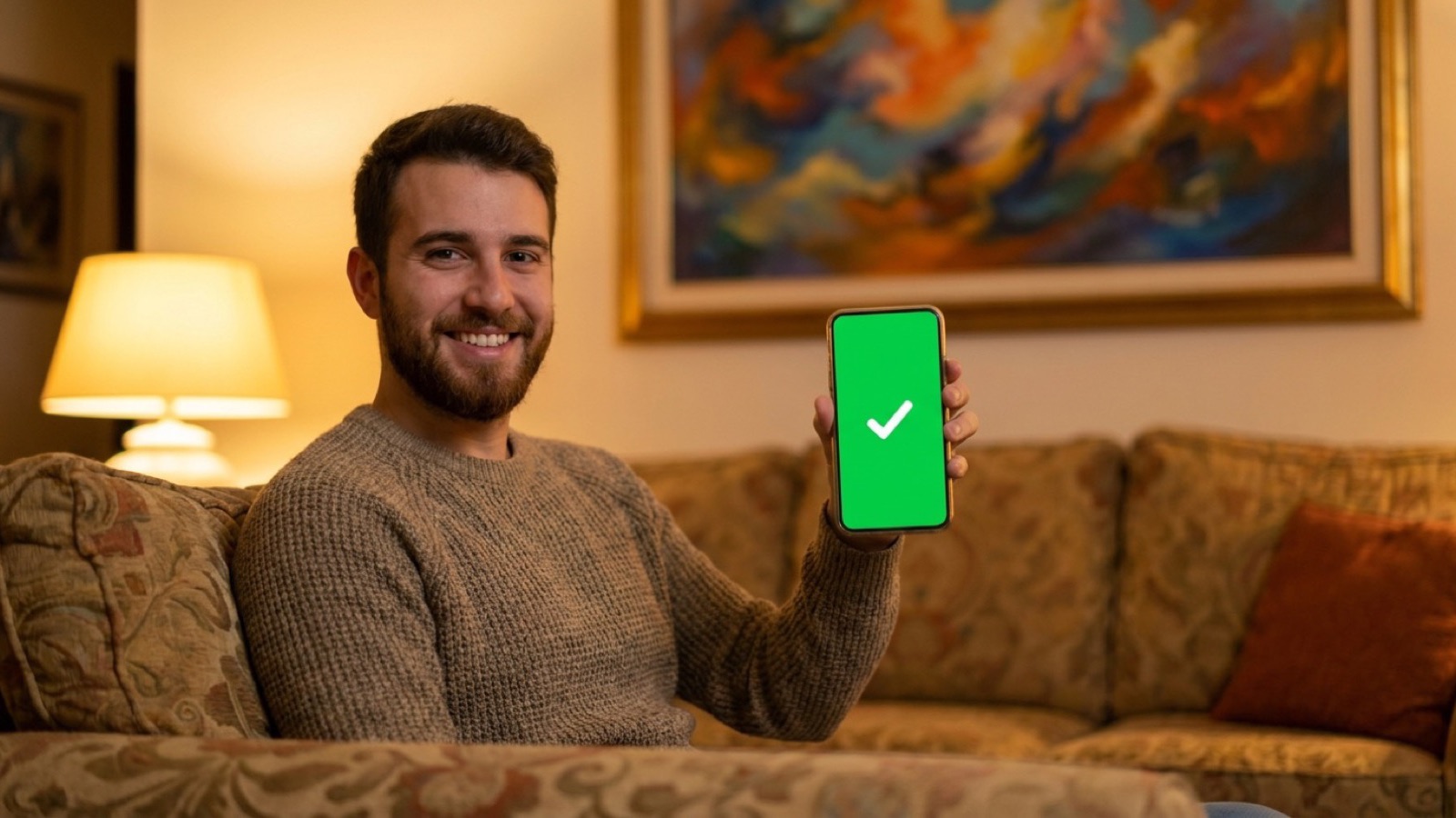 Usměvavý dospělý muž na gauči ukazuje telefon se zeleným potvrzením